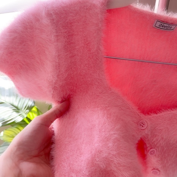 2bellas Pink Fuzzy Button-Up Cardigan short sleeve - Picture 5 of 5